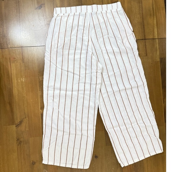 White Casual Dress Pants Vertical Stripe Elastic Waist Lightweight Linen Look - Picture 4 of 7